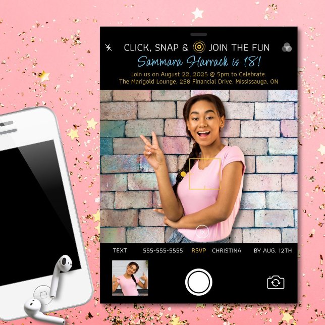 Ögonblicksbild Födelsedagsfoto Inbjudan (Fun, modern photo-themed birthday invitation for all ages.)