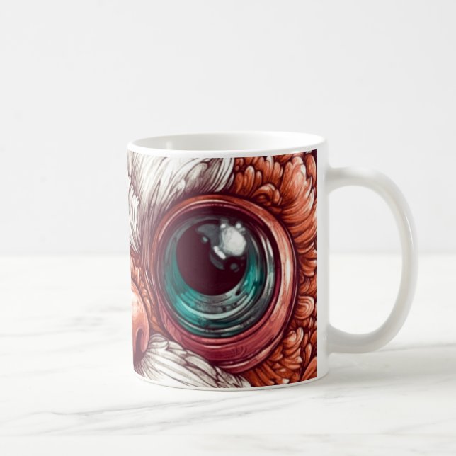 Ögonen är stora och uttrycksfulla, med realistiska kaffemugg (Höger)