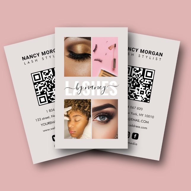 Ögonfransskript Foto Collage Qr Kod Beige  Visitkort (Skapare uppladdad)