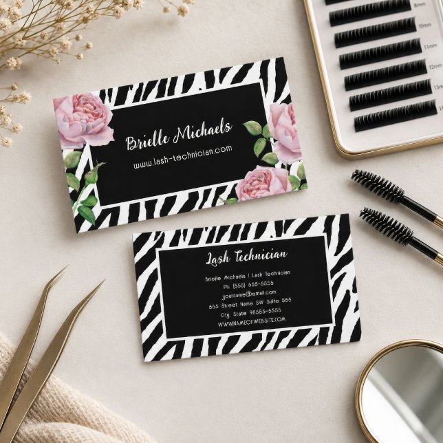Ögonfransstecniker Glam Zebra Rose Visitkort (Lash Technician Glam Zebra Rose Business Card
)