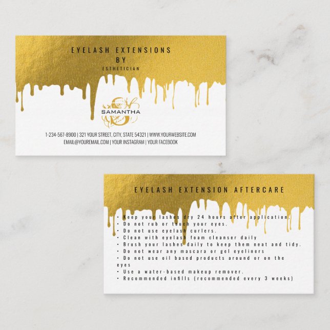 Ögonfransvårdsinstruktioner Gold Drips Visitkort (Fram/baksida)