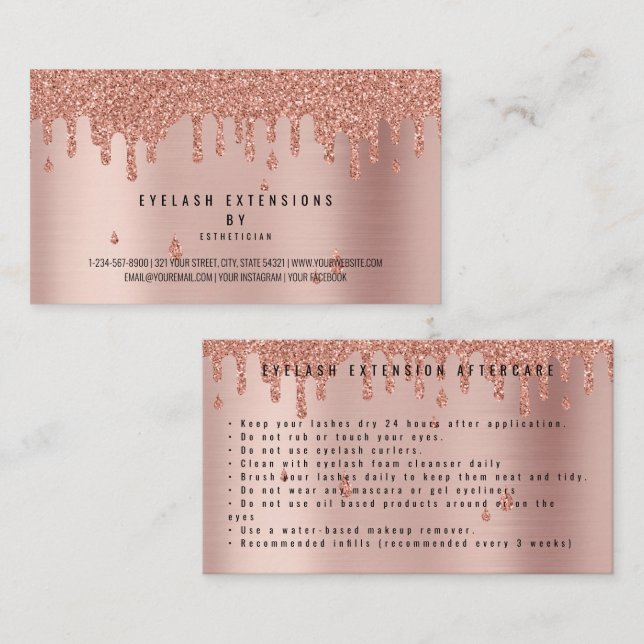 Ögonfransvårdsinstruktioner Rosa Rosa Guld Glitter Visitkort (Fram/baksida)