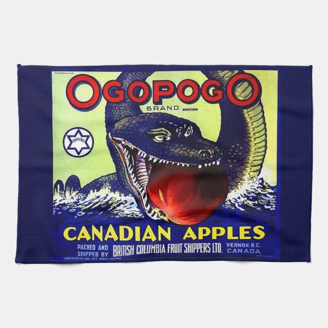 Ogopogo Canadian Appar Frukt låda etikett print Kökshandduk (Horisontell)