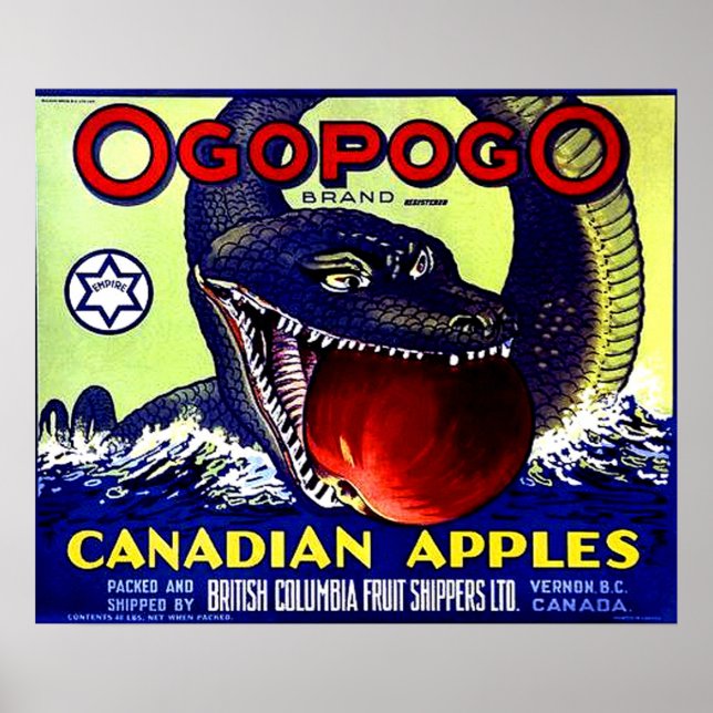 Ogopogo Canadian Appfrukt låda label Poster (Framsidan)