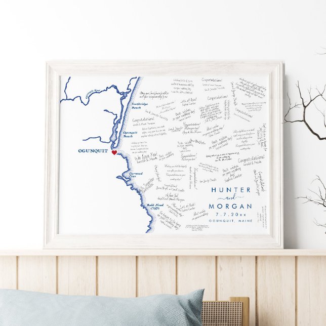 Ogunexit Maine Bröllop Modern Guest Bok Poster (This Ogunquit Maine map wedding guest book poster is perfect for your Maine destination wedding)