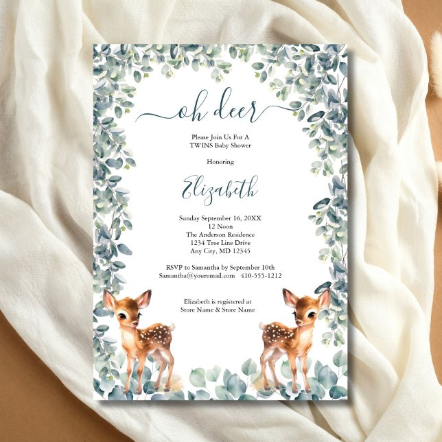Oh Älg Könsneutral Tvillingar Bebis Badrum Inbjudningar (Oh Deer Twins Baby Shower Invitation, Eucalyptus Greenery, Baby Deer, Printed Digital Download)