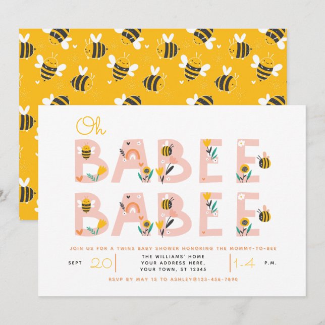 Oh Babee Baby Gult  Twin Baby Shower-inbjudan Inbjudningar (Fram/baksida)