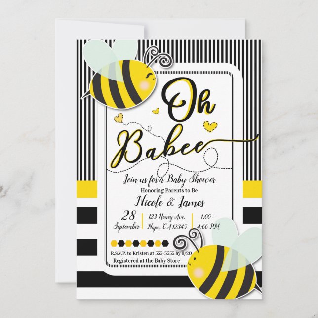 Oh BaBEE Bee Modern Chic Stripe Baby Shower Inbjudningar (Framsida)
