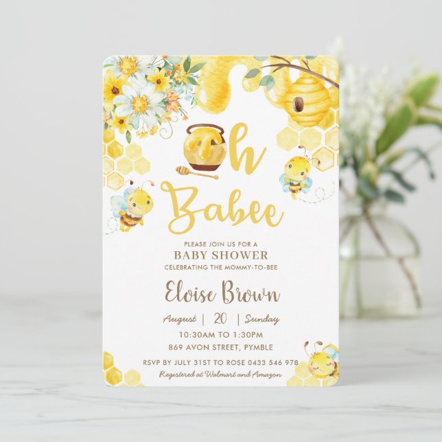 Oh Babee Bees Gult Gender Neutral Baby Shower Inbjudningar (Stående Fram)