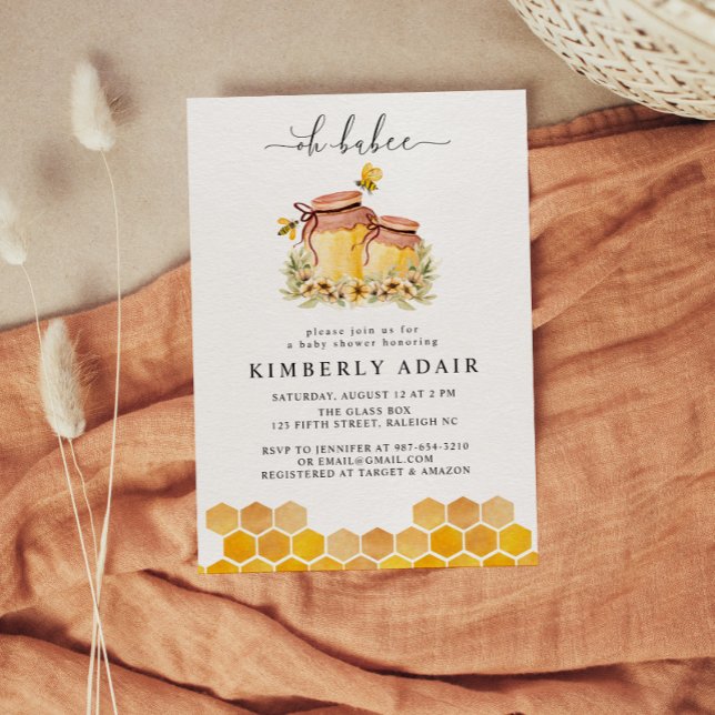 Oh Babee Gult Watercolor Humla Blommigt Inbjudningar (Oh Babee Yellow Watercolor Floral Baby Shower Invitation)