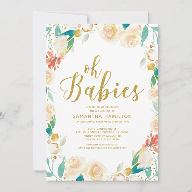 Oh Babies Peach Blommig Glitter Tvillingar Barnkal Inbjudningar (Framsida)