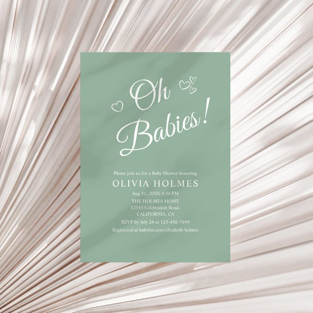 Oh Babies Sagegrön Tvilling Bebis Shower Inbjudan (Oh Babies Sage Green Twin Baby Shower Invitation on a sunny neutral dry palm leaf.)