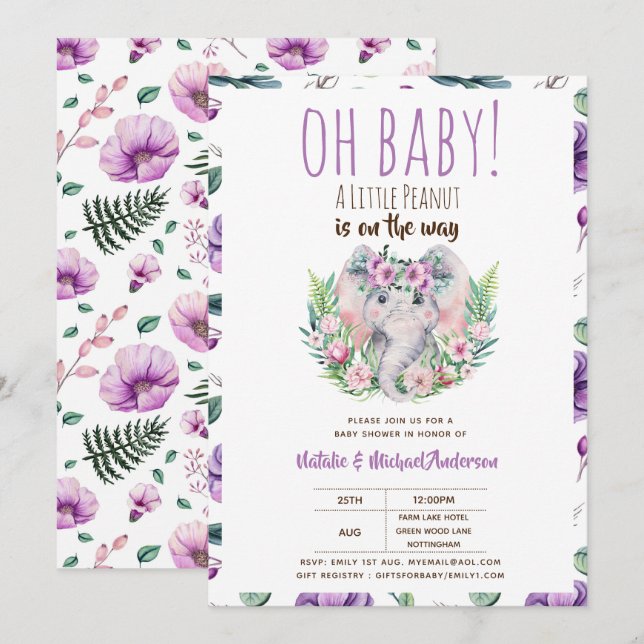 Oh Baby A Little Peanut Boho Elephant Baby Shower Inbjudningar (Fram/baksida)