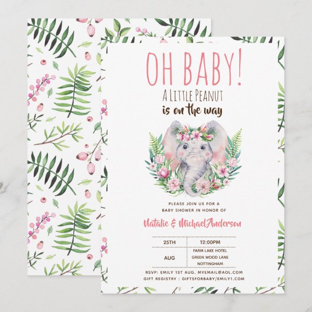 Oh Baby A Little Peanut Boho Elephant Baby Shower Inbjudningar (Fram/baksida)