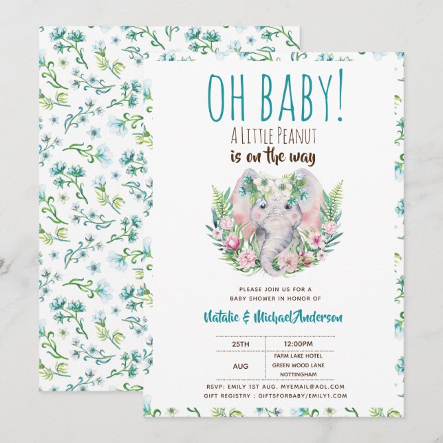Oh Baby A Little Peanut Boho Elephant Baby Shower Inbjudningar (Fram/baksida)