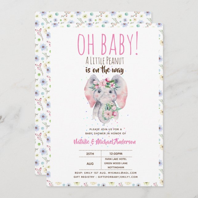 Oh Baby A Little Peanut Boho Elephant Boho Flowers Inbjudningar (Fram/baksida)
