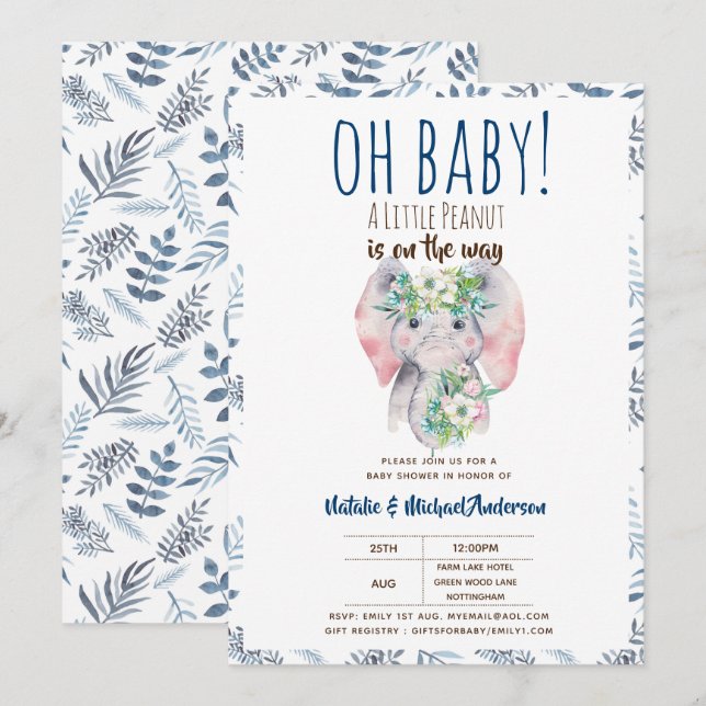 Oh Baby A Little Peanut Elephant Boho Blommigt Chi Inbjudningar (Fram/baksida)