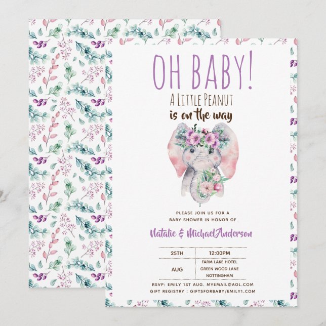Oh Baby A Little Peanut Elephant Boho Blommigt Chi Inbjudningar (Fram/baksida)