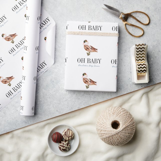 Oh Baby Anka/Mallard White Boy Shower Presentpapper (Hantverk)