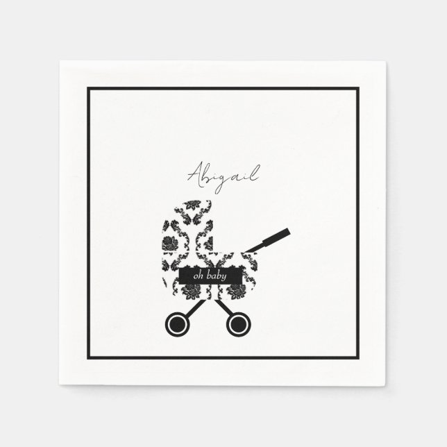 Oh Baby B/W Damask Pram Baby Shower Napkins Pappersservett (Framsidan)
