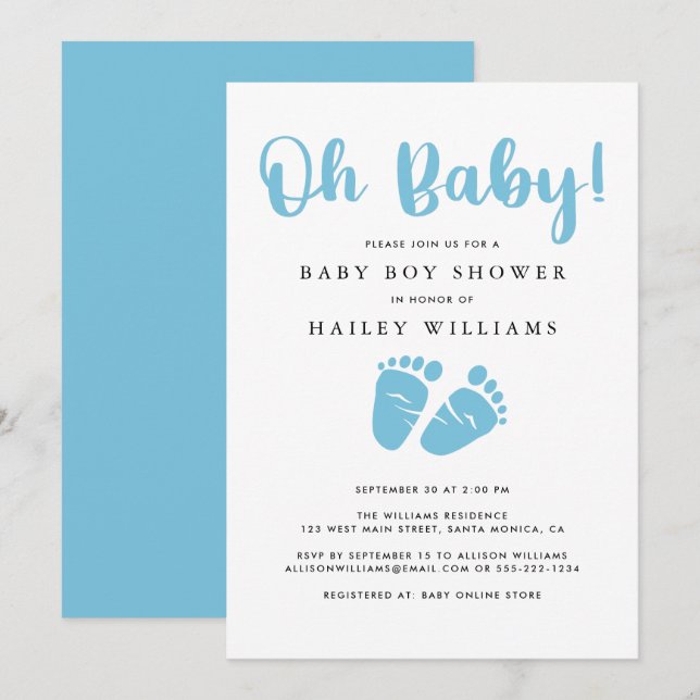 Oh Baby | Baby Feet Boy Blue Shower Inbjudningar (Fram/baksida)