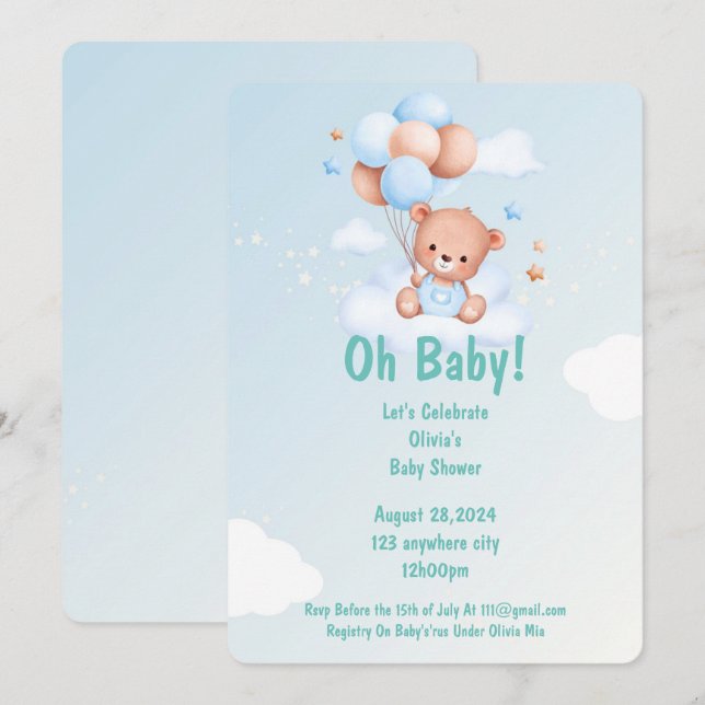 OH BABY BABY SHOWER-INBJUDAN FÖR BOYER INBJUDNINGAR (Fram/baksida)