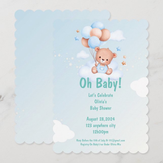 OH BABY BABY SHOWER-INBJUDAN FÖR BOYER INBJUDNINGAR (Fram/baksida)