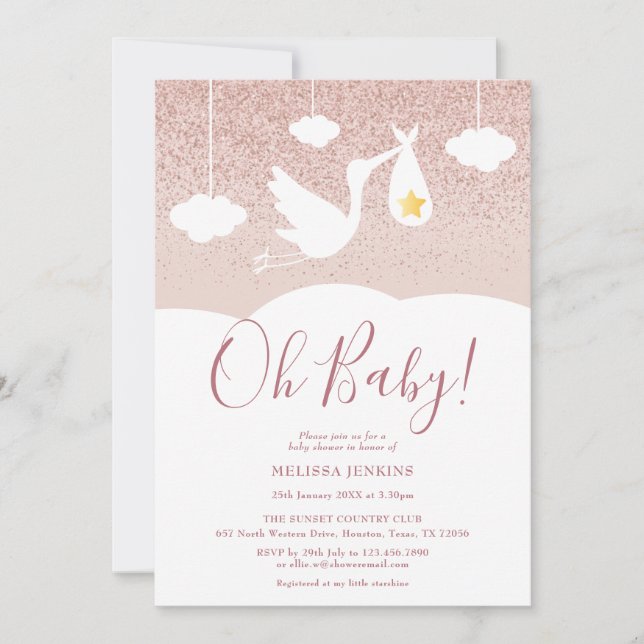 Oh Baby Baby Shower Stork Ro Guld Glitter Inbjudningar (Framsida)