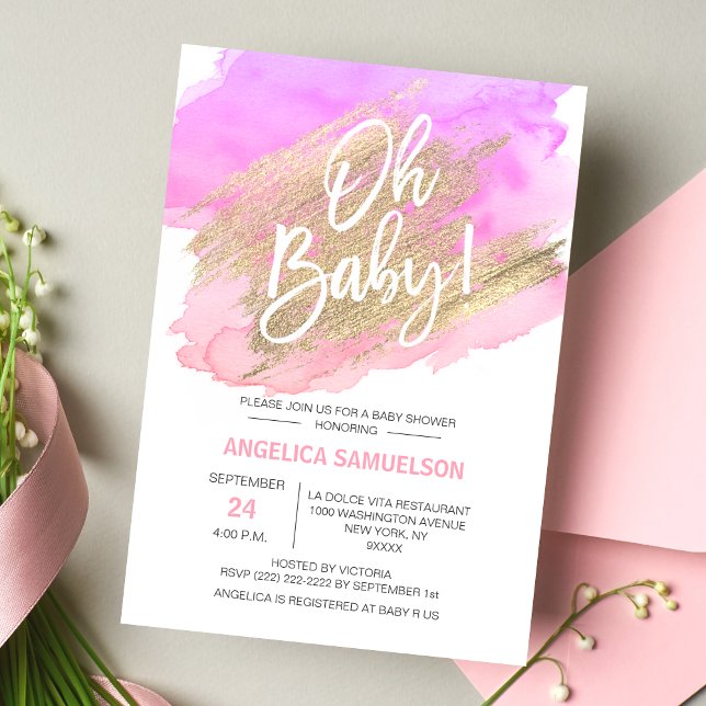 OH BABY! Barnshuggare för Rosa av vattenfärg Guld  Inbjudningar (OH BABY! Watercolor Gold Pink Purple Baby Shower Invitation.  Modern & trendy invites for baby girl)