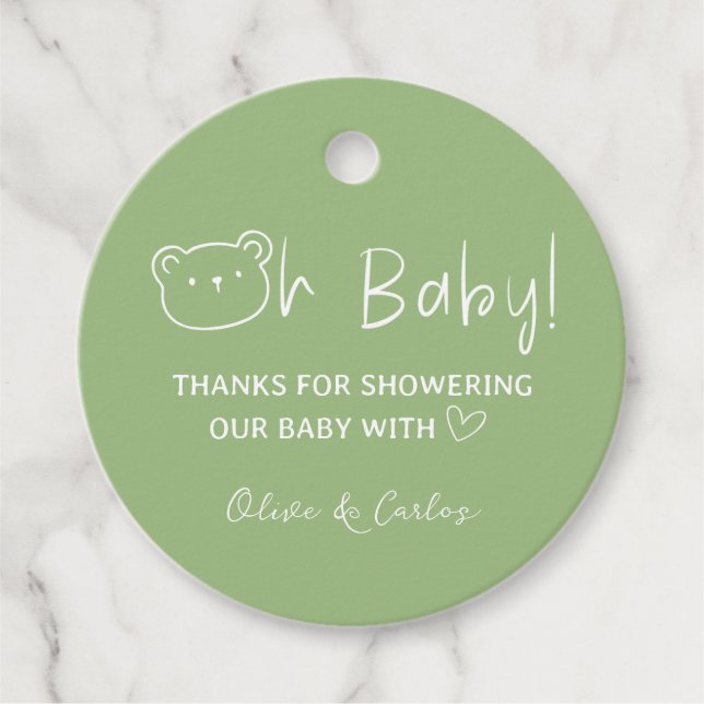 Oh Baby Bear and Heart Tack Baby Shower Gåvor Etiketter (Framsida)