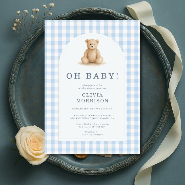 Oh Baby Bear Blå Rutig Babyfirande Inbjudningar (Skapare uppladdad)