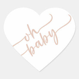 "Oh Baby" Beige Script Baby Shower Hjärtformat Klistermärke