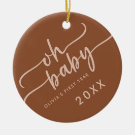 "Oh Baby" Beige Script Photo Baby First Year Julgransprydnad Keramik