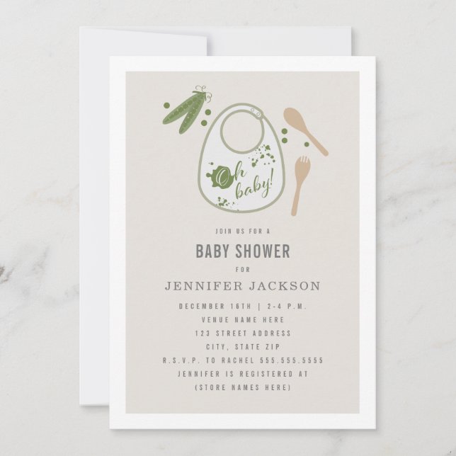 Oh Baby Bib Peas Fork Spoon Neutralt Baby Shower Inbjudningar (Framsida)