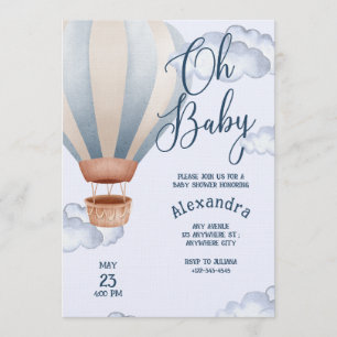 Oh Baby Blå Akrylmålning Luftballong Baby Shower Inbjudningar