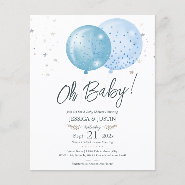 Oh Baby Blå Ballonger Baby Shower (Framsida)