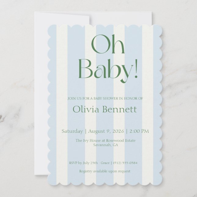 Oh Baby Blå Rand Baby Shower Inbjudan (Framsida)