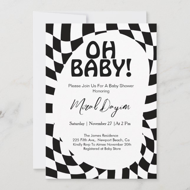Oh Baby! Black Checkered Modern Baby Shower  Inbjudningar (Framsida)