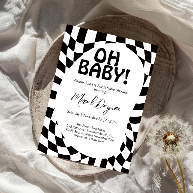 Oh Baby! Black Checkered Modern Baby Shower  Inbjudningar (Skapare uppladdad)