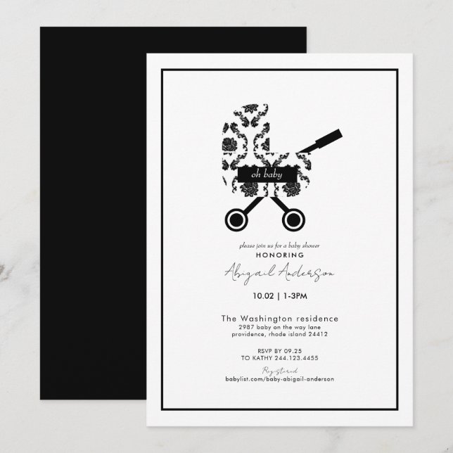Oh Baby Black Damask Pram Baby Shower Inbjudningar (Fram/baksida)