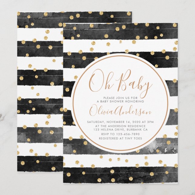 Oh Baby Black Rand Glitter Baby Shower Inbjudningar (Fram/baksida)