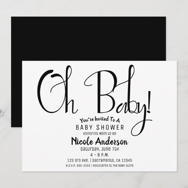 Oh Baby Black Script Modern Minimal Duschfest Inbjudningar (Fram/baksida)