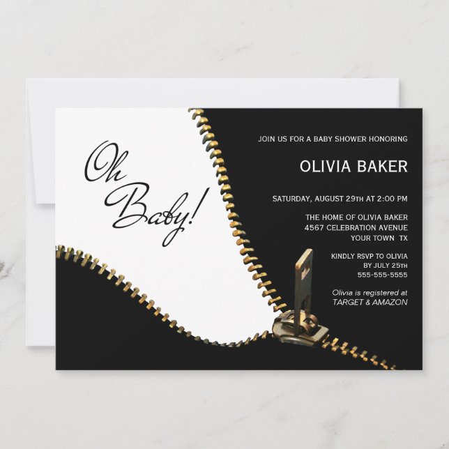 Oh Baby Black White med Guld Zipper Baby Shower Inbjudningar (Framsida)