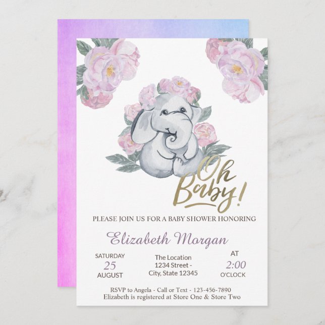 Oh Baby Blommigt Elephant Baby Shower Inbjudningar (Fram/baksida)