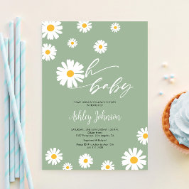 Oh Baby Blommigt Retro Sage Grönt Daisy Baby Showe Inbjudningar