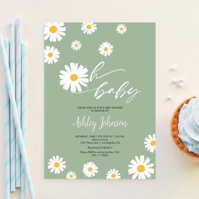 Oh Baby Blommigt Retro Sage Grönt Daisy Baby Showe Inbjudningar (Skapare uppladdad)