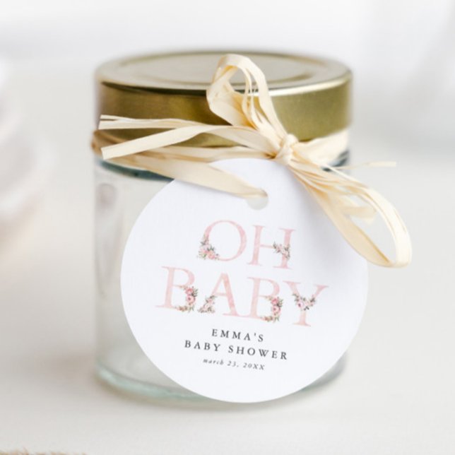 Oh Baby Blommigt Typography Rosa Baby Shower Gåvor Etiketter (Oh Baby Elegant Floral Typography Pink Girls Baby Shower Favor Tag.)