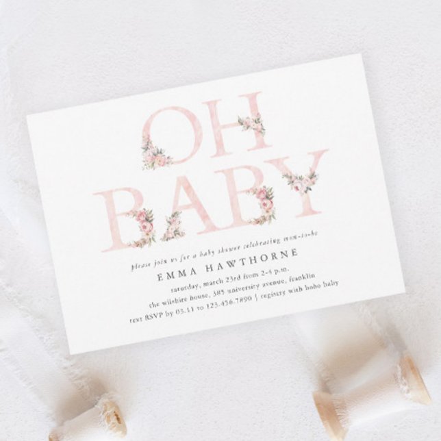 Oh Baby Blommigt Typography Rosa Baby Shower Inbjudningar (Oh Baby Elegant Floral Typography Pink Girls Baby Shower Invitation.)