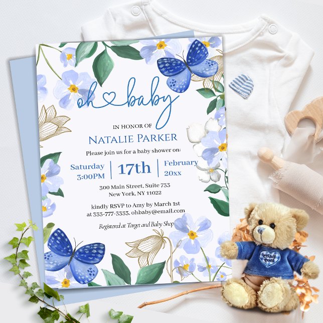 Oh Baby blue Butterfly Blommigt Boy Baby Shower Inbjudningar (Skapare uppladdad)