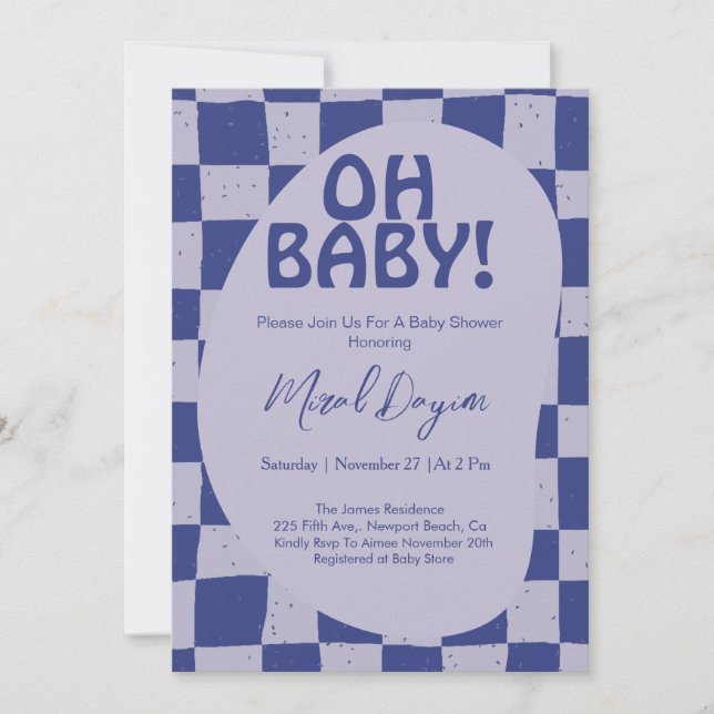 Oh Baby! Blue Checkered Modern Baby Shower Inbjudningar (Framsida)